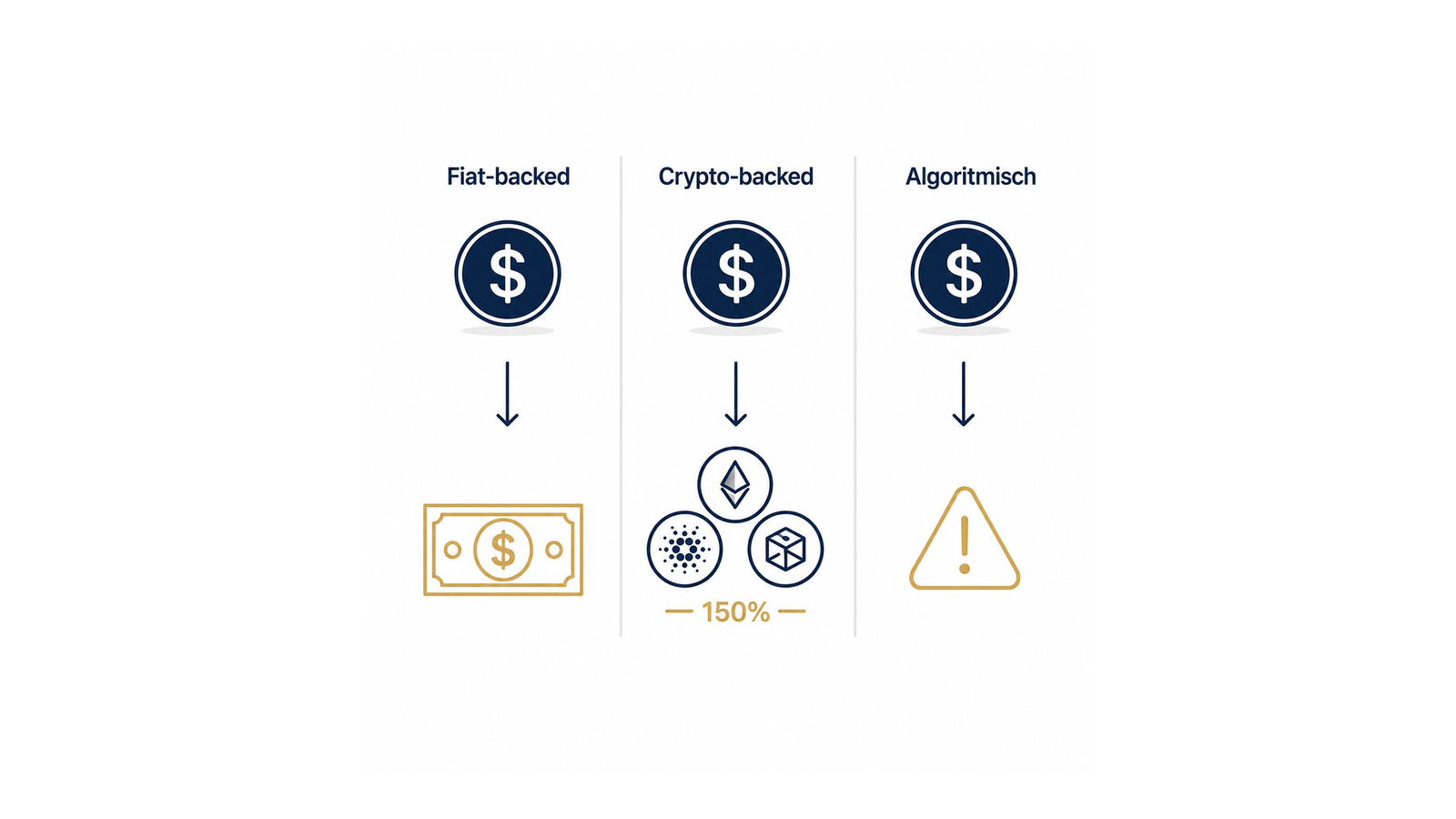 De drie types stablecoins: fiat-backed (gedekt door een echte dollar), crypto-backed (gedekt door 150% crypto-onderpand) en algoritmisch (waarschuwingsdriehoek, geen echte dekking)